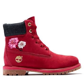 Timberland Női Embroidered Flowers 6-Inch Vízálló Bakancs Piros